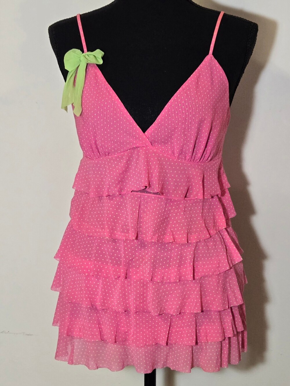 Joe Boxer Pink Polka Dot Tiered Ruffle Dress with Green Bow Accent